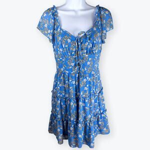 City Studio Boho Blue Gold Cream Floral Mini Dress M